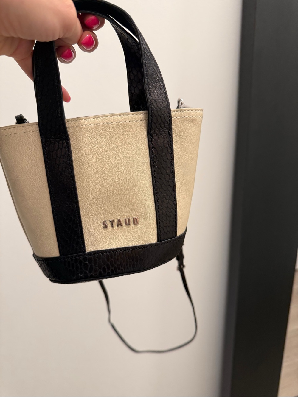 STAUD Two-Tone Cream and Black Mini Tote